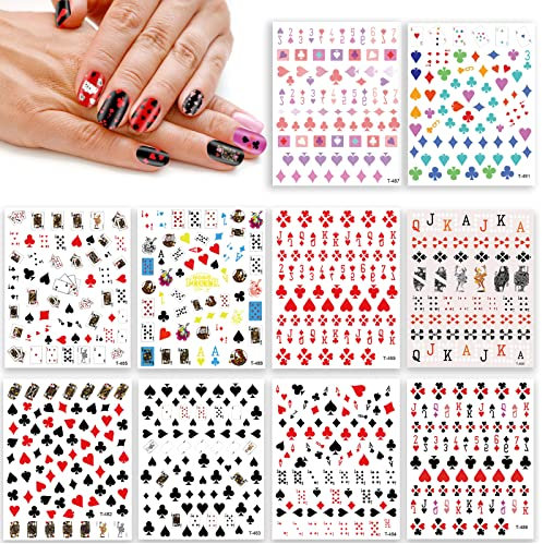 Poker Nail Art Stickers Decals,Playing Cards Designer Nail Sticker,3D Self-Adhesive Nail Stickers DIY Nail Designs 10 Sheets