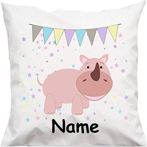 ShirtInStyle Kopfkissen, Nashorn mit Wunschname, Text, Wunschtext, Kindermotiv, Wimpelkette, Girlande, Sterne, Kinder Kinderzimmer Deko, Dekokissen mit Füllung, Motiv, Logo, Name, Größe 40x40cm