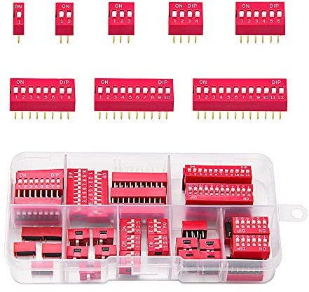 VooGenzek 40 PCS 1 2 3 4 6 8 10 12 Pin Double Row Dip Switch, 2.54mm On Off Slide Type Switch, for Circuit Breadboards PCB (Red)