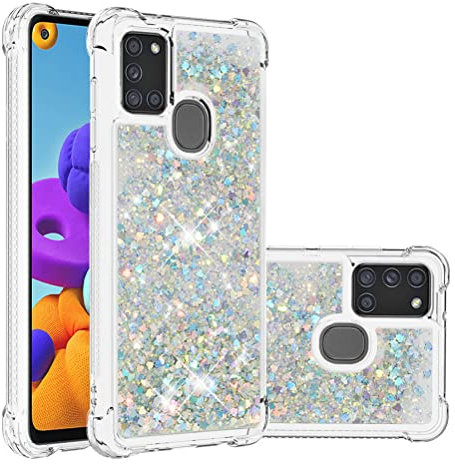 COTDINFOR Kompatibel mit Samsung Galaxy A21S Hülle Flüssigkeit Glitzer Stoßfest Fließend Glänzend Schlank Hülle für Schutzhülle Silikon Handyhüllen für Galaxy A21S TPU Love Silver YBWTLS.