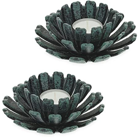 Relaxdays Teelichthalter, 2er Set, Blumenform, Teelichtständer Gusseisen, drinnen & draußen, HxD: 6 x 13,5 cm, grün