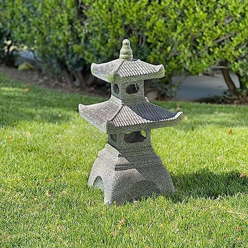 Galt International Gartenstatue mit 2 Ebenen, solarbetriebenes LED-Licht, 66 cm hoch, für den Außenbereich, Zen-Gartenlaterne, Landschaft, Rasen, asiatische Pagode, Stupa-Dekor, graues Harz