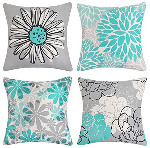 Cheekywares Sofakissen 50x50 Kissenbezug Füllung Moderne Boho Türkis und Grau Gänseblümchen Lienen Deko Kissen Kissenhülle für Sofa Garten Couch Schlafzimmer Outdoor 4 Stück
