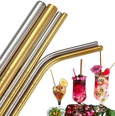 6X Metal Stainless Steel Reusable Drinking Straws Eco Friendly Includes 2 Cleaning Brush, 2 Bent & 4 Straight Metal Straws for 20/30 Oz Drinking Tumblers, Milkshake, Smoothies, Cocktail (Silver)