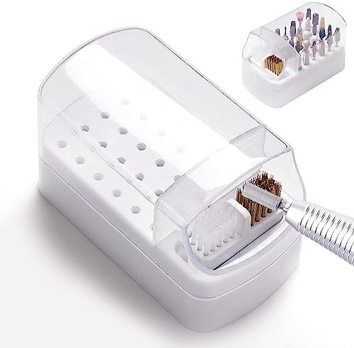 2 in 1 Nail Drill Bits Holder & Nail Drill Bits Cleaning Brush Case,30 Holes Dustproof Nail Art Drill Bits Stand Display Storage Box and Nail Drill Bits Cleaner Manicure Tools (White)