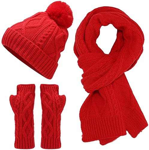 Yixda Damen Mütze Schal Handschuhe Set Gestrickt Strickschal Beanie Hut Handwärmer Winterset (Rot)