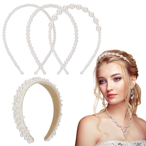 Firtink 4 Stück Perlen Haarreif Elegante Weiße Haarreifen Damen Haarschmuck Braut Headband Hochzeits-Haarstyling-Zubehör Für Frauen Mädchen Partys
