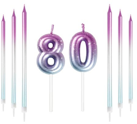 Mciskin 80th Birthday Number Kerzen Dekorationen Bunte 80 Kerze mit Rosa Lila Lange Kerzen Kuchen Kerzen Kuchen Topper Dekorationen für Jungen Mädchen Männer Frauen Geburtstagsfeier Hochzeit Jubiläum
