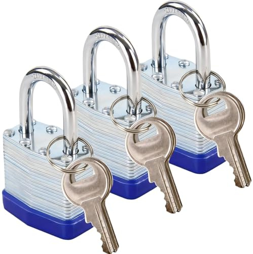SEPOX® 3 candados con igual llave, cuerpo de acero laminado reforzado de 1-9/16 pulgadas, 40 mm, grillete corto de acero endurecido robusto, paquete de 3 candados, 6 llaves iguales, ideal para