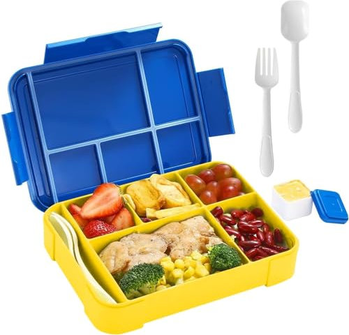 Lunch Box avec 6 Compartiments et Cuillère Fourchette 1330ML Bento Lunch Box avec Pots à Sauce Anti-Fuite Lunchbox Boite Lunch Sans BPA Enfant Adulte Boîte pour Micro-onde Lave-Vaisselle (Bleu)