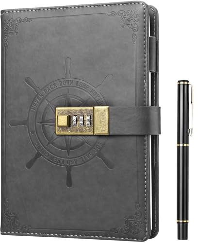 Kesoto Diario con Cerradura Cubierta de Cuero Cuaderno con Cerradura Cuaderno de rayas para Ordenación Personal Diario Registro de Trabajo Diario Espiral Agenda Tapa Dura 212 Páginas (Gris)