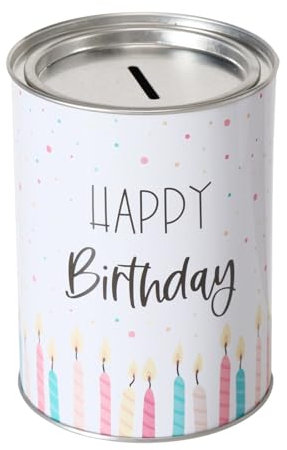Spardose Sparschwein Schriftzug Happy Birthday Kerzen - Deckel abnehmbar - Wiederverwendbar Metall Sparbüchse Geldgeschenk Geschenkidee Geldspardose Metallspardose 14 x 10 cm