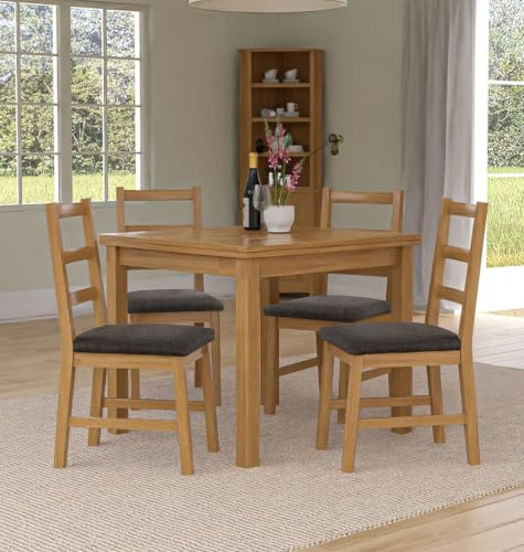 Hallowood Furniture Waverly Oak Extendable Dining Table and Chairs Set 4 | Pull Out Leaf Rectangular Kitchen Table and Chairs with Ladder Back and Charcoal Grey Fabric Padded Seats for Home and Café