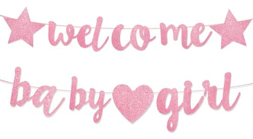 JIEYAO Welcome Baby Banner, Willkommen Zurück Banner 2m Glitzer Herzlich Willkommen Girlande Welcome Back Deko mit Herzen für Party Dekoration Zuhause Baby Geburt Weclome Home Deko(Rosa)