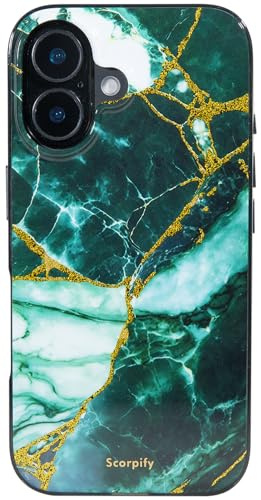 SCORPIFY for iPhone 16 Case [Compatible with MagSafe] with Emerald Green Marble Design, Cute Magnetic Phone Cover for Women Girls and Men, Slim Shockproof Bumper with Gold Accents