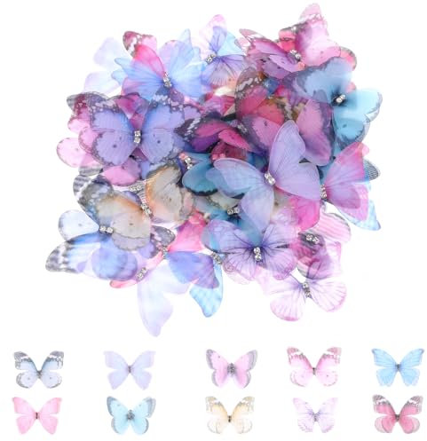 Lot de 60 papillons 3D en organza - En mousseline de soie translucide - Papillons décoratifs pour bricolage, scrapbooking, bagages, mur et fenêtre
