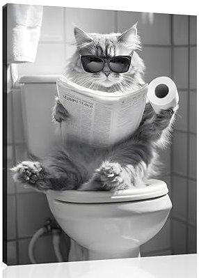OWNANRTHM Leinwandbild mit Katzenmotiv, lustiges Tier, Badezimmer, Wandkunst, Katze auf der Toilette, Malerei, schwarz-weiß, Tier-Toilettenbilder für Bad, WC, Wanddekoration, gerahmt, 20,3 x 25,4 cm