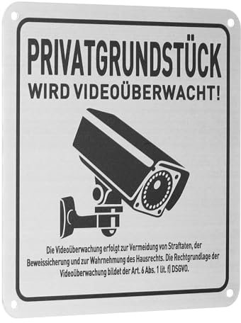 QUARKZMAN Achtung Videoüberwachung Schild 15 x 15 cm Privatgrundstück Aluminium Selbstklebend Warnschild mit Bohrlöcher Rostfrei Hinweisschilder für Überwachung Kamera Attrappe