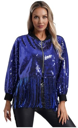 CHICTRY Women's Sequin Jacket Long Sleeve Zipper Fall Winter Shiny Glitter Sparkly Bomber Jackets Navy Blue One Size