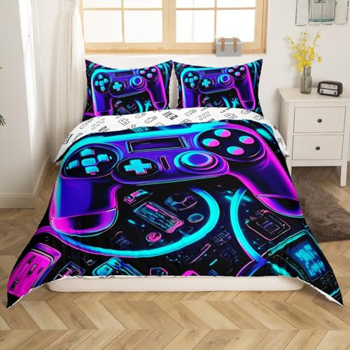 Loussiesd Gamer Bettwäsche Set 135x200cm Neon Gamer Betten für Kinder Jungen Mädchen Gaming Bettbezug Game Controller Bettwäsche-Set Schlafzimmer Collection