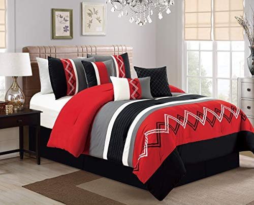 Chezmoi Collection Arden 7-teiliges modernes Bettwäsche-Set mit plissierten Streifen, bestickt, Zick-Zack-Bettwäsche-Set (King-Size-Bett in Übergröße, Rot/Schwarz/Grau/Cremeweiß)
