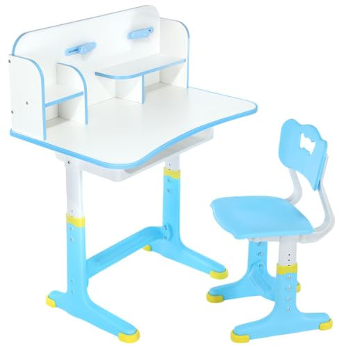Oyajia Kinderschreibtisch Set, höhenverstellbarer Kindertisch und Stuhl mit Schublade & Bücherständer, Kinder Schreibtisch für Jungs & Mädchen, Blau.