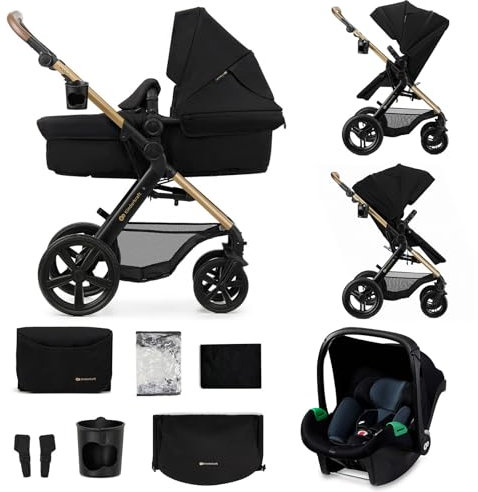 Kinderkraft MOOV XL Kinderwagen 3 in 1 Kinderwagenset bis 27 kg mit Kindersitz I-SIZE 40-75 cm, Große aufblasbare Räder mit Dämpfung, Verwandelbarer 2-in-1 Sitz, Babywanne XL, Zubehörsatz, Schwarz