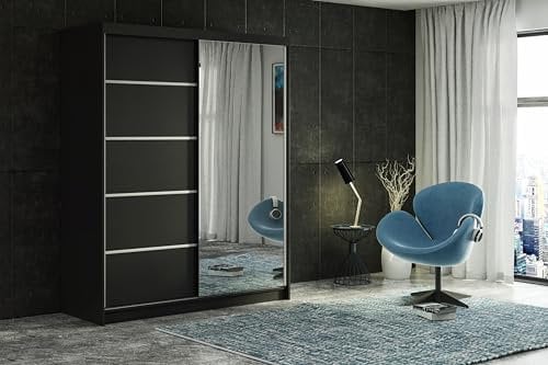 ELUKS CARLI Modern Sliding Door Wardrobe with Mirror, 2 or 3 Doors, 4 colours: WHITE/BLACK/OAK/GREY 5 sizes: 100cm/120cm/150cm/180cm/200cm (Black, 150cm no Drawers)