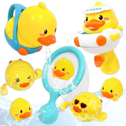 VBACALA 9 PCS Jouets de Bain,Jouets de Bain 3 Ans et Plus avec Canard Remontable,Filet de Pêche,Sac de Rangement,Canard Pistolet à Eau Jouets Aquatiques Enfants pour Garçons et Filles