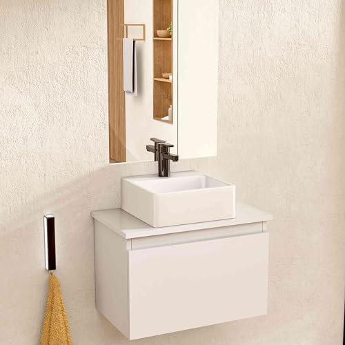 BELLOBATH - Mueble Baño Suspendido con Lavabo de Cerámica Cuadrado y Espejo, Mueble Baño con Lavabo Montado con 1 Cajón, 49,5 x 32 x 30 cm, Mueble Blanco