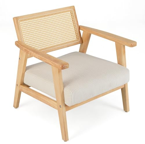 COSTWAY Accent Chair, Corduroy Upholstered Single Lounge Armchair Reading Chair with Rattan Backrest, Rubber Wood Frame Leisure Occasional Seat Comfy Armchair for Living Room, Bedroom and Reception