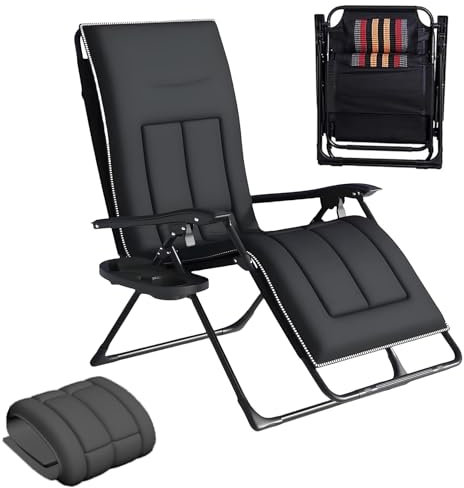 TerraVibe Klappbare Sonnenliege, Klappliegen mit Getränkehalter, Gartenliege Klappbar, Gartenliege Wetterfest mit Kissen, Strandliegen für Camping, Garten, Pool (Schwarz-1PC)