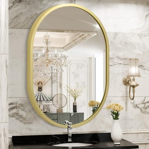 JJUUYOU Metallrahmen Oval Spiegel Moderne Badezimmerspiegel für Wand 50 × 40 cm Kleine Aluminiumlegierung Wandspiegel Dekorativ für Wohnzimmer Schlafzimmer Flur Flur Vertikale Hängende Spiegel Gold