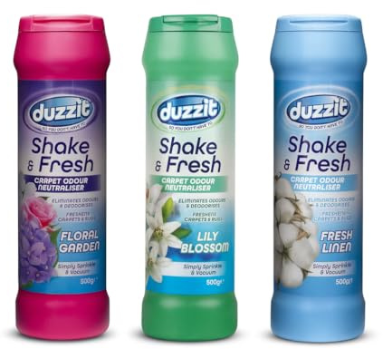 Duzzit Shake & Fresh Carpet Freshener Powder Variety Pack (3 Pack) – Floral Garden, Lily Blossom & Fresh Linen | Carpet Deodorizer, Shake and Vac Style Odor Eliminator & Carpet Cleaner Powder