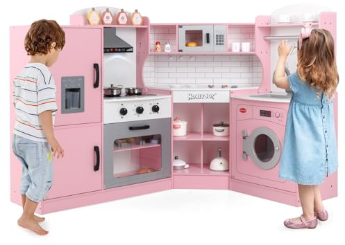 COSTWAY Kinderküche Eck, Spielküche mit Licht & Sound, Kinderspielküche mit Spüle, Eismaschine, Backofen & Kochgeschirr, Holzküche Spielzeugküche für Kinder ab 3 Jahren (Rosa)