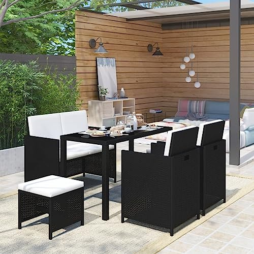Tonture 6-TLG. Garten-Essgruppe Poly Rattan Schwarz, 123x60cm Glastisch, Bank, 2 Stühle, 2 Hocker, 10 Cremeweiße Kissen, Outdoor Patio Möbel Set für Terrasse & Balkon