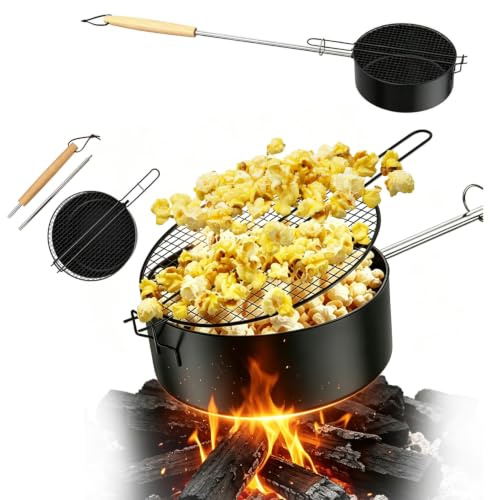 Popcorn-Maker Lagerfeuer aus Hochwertigem Kohlenstoffstahl, Outdoor Popcorn-Pfanne mit Hitzebeständigem Sicherheitsgriff, Antihaft Popcornpfanne für Feuerstelle, Grill, Camping, Gartenparty
