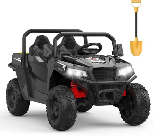 Garvee Kinder Elektroauto UTV Buggy 24V 2-Sitzer Elektrofahrzeug Offroad | Doppelmotor, 2,4G Fernbedienung, Musik, LED-Licht und Schaufel, 3 Geschwindigkeiten, für Kinder ab 3 Jahren, Schwarz