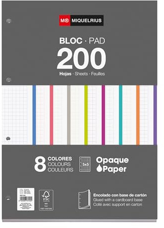 Miquelrius - Blocchi di fogli di ricambio, Ricarica A4 incollata, 200 fogli quadrettati 5x5 mm, Carta opaca 70 g/m², Fogli perforati per raccoglitori ad anelli, Materiale scolastico, 8 colori
