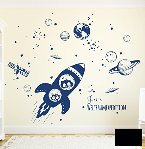 Wandtattoo Wandaufkleber Rakete Raumschiff mit Yuri und Neil im Weltall Weltraum M1653 - ausgewählte Farbe: *Schwarz* - ausgewählte Größe: *L - 120cm breit x 100cm hoch*