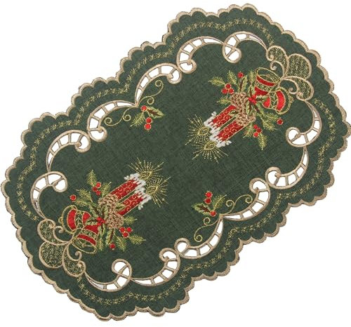 Dunkel-Grün Weihnachten Platzset Tisch-Deckchen Leinen-Optik mit Rot Kerzen Stickerei (ca. 30x45 cm Oval)
