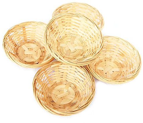 Juego bambú cestitas, cesta redonda trenzada decoración, aprox. 15 x 5 cm, a elegir 5 o 10 unidades, madera, beige, 5 er Set