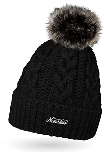 Neverless Damen Strick-Mütze gefüttert mit Kunst-Fell-Bommel, Winter-Mütze, Bommelmütze, schwarz Unisize