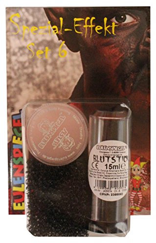 Eulenspiegel 406069 - Spezial-Effekt Set 6, 1 Blutstick 15 ml, 1 Effektwachs 12 ml, 1 Bartstoppel-Schwamm, 1 Spatel, Schmink-Set, Halloween