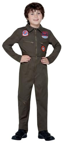Smiffys Top Gun Costume, Kids Khaki Jumpsuit, Official Top Gun License Outfit with Top Gun Badge Details, Working Zip Up Front & Applique Badges, Official Top Gun Halloween Fancy Dress