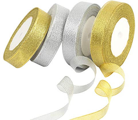 KATOOM 100Yard Geschenkband 4Rolle Gold Silber Schleifenband zum basteln Goldband Glitzer Dekoband Goldenes Band für Geschenk Verpackung Hochzeit Weihnachten Dekoration