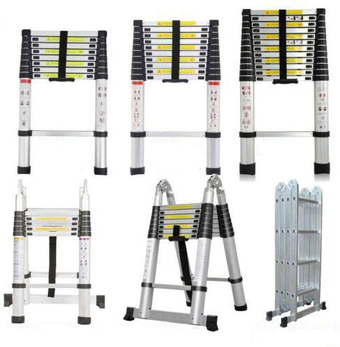 Scala telescopica pieghevole da 5 m (2,5 + 2,5 m) con telaio ad A, estensibile, portatile, con cerniere, capacità di carico massima 150 kg, con piedini in gomma antiscivolo, compatta e robusta,