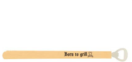 Grillzange mit Flaschenöffner und Spruch Born to grill aus Buche 34,5 cm