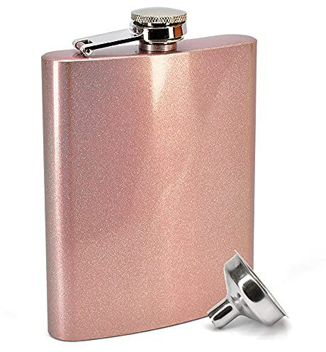 Clear Water Home Goods - 8 oz Rose Gold Holographic Glitter Sparkle Stainless Steel Hip Flask w/Funnel - Wedding Party - Groomsman - Bridesmaid