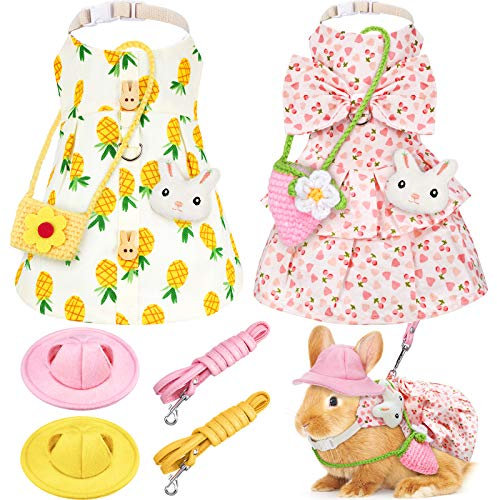 2 Sets Haustier Kaninchen Bunny Kleid Ostern Kostüm mit Leine Hut Mini Tasche Geschirr Kleintiere Zubehör für Kaninchen, Igel, Frettchen, Meerschweinchen, Schweine, Eichhörnchen Ananas und Kirsche